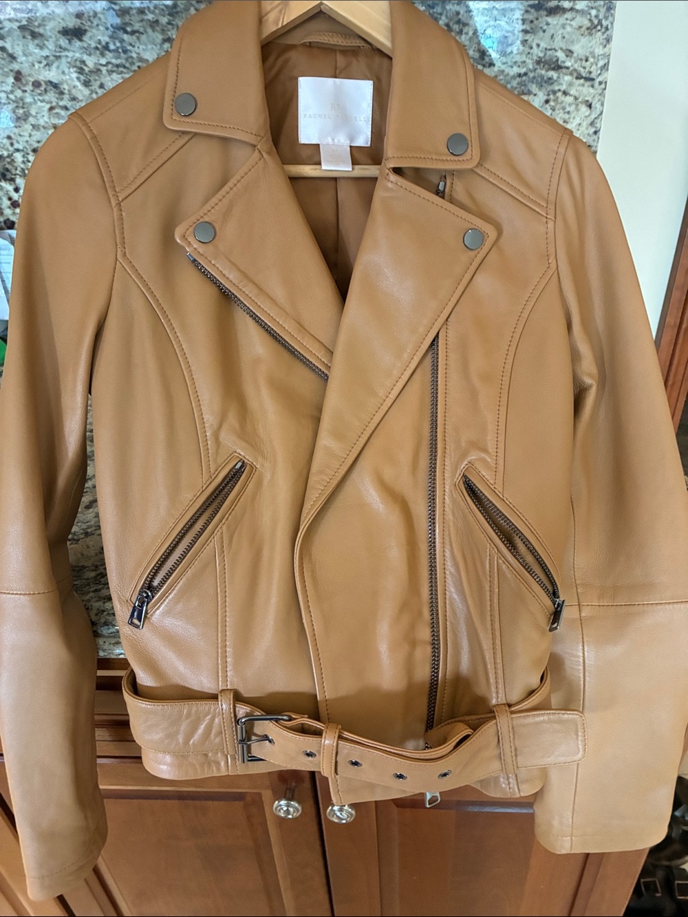 Women's Tan Real Leather Moto Jacket with Belt